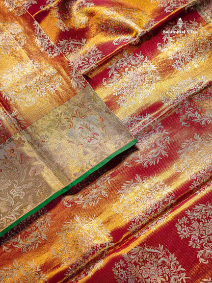 Dual Tone Pinkish Orange Tissue Bridal Pure Kanjivaram Silk Saree With Contrast Half White Border