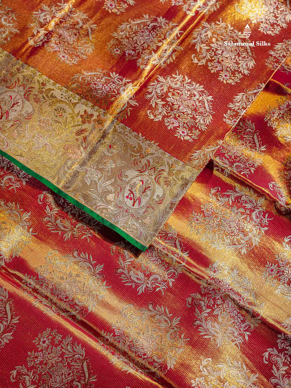 Dual Tone Pinkish Orange Tissue Bridal Pure Kanjivaram Silk Saree With Contrast Half White Border