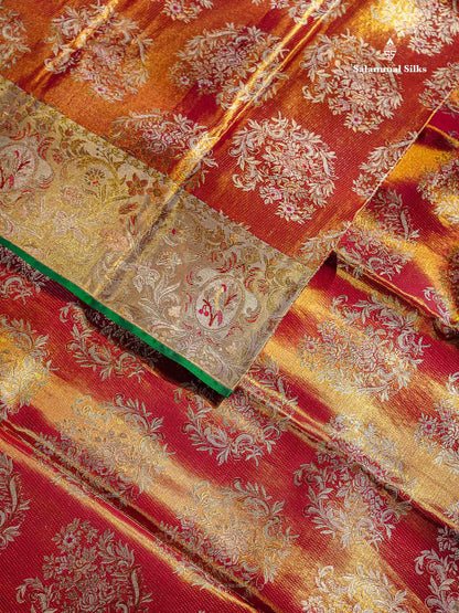Dual Tone Pinkish Orange Tissue Bridal Pure Kanjivaram Silk Saree With Contrast Half White Border