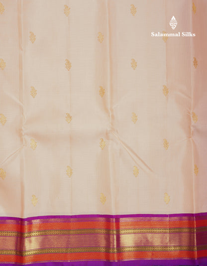 Korvai Peach Pure Kanjivaram Silk Saree With Contrast Vadamalli Traditional Border