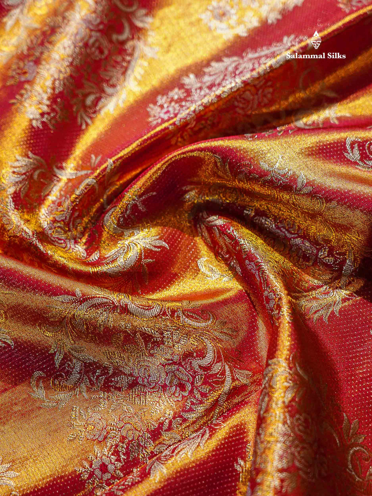 Dual Tone Pinkish Orange Tissue Bridal Pure Kanjivaram Silk Saree With Contrast Half White Border