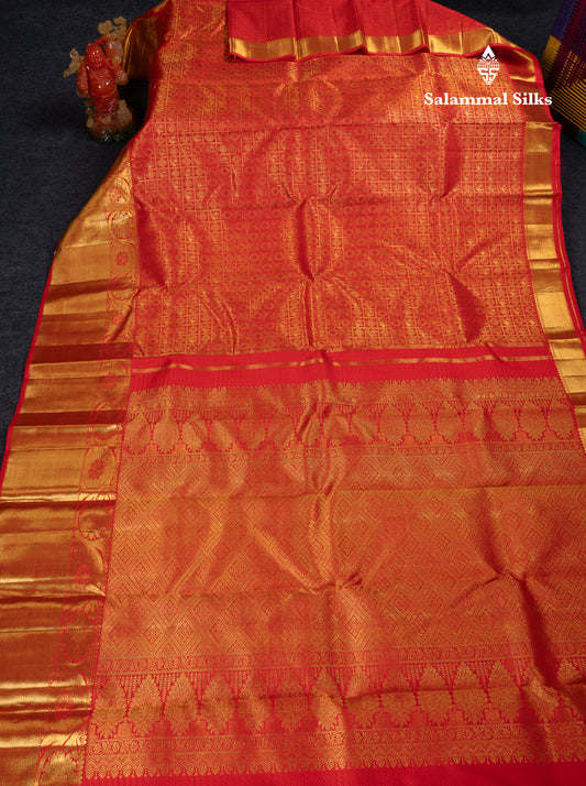 Beautiful Chilly Red Checks With Butta Bridal 2G Pure Kanjivaram Silk Saree With Traditional Evening Morning Border