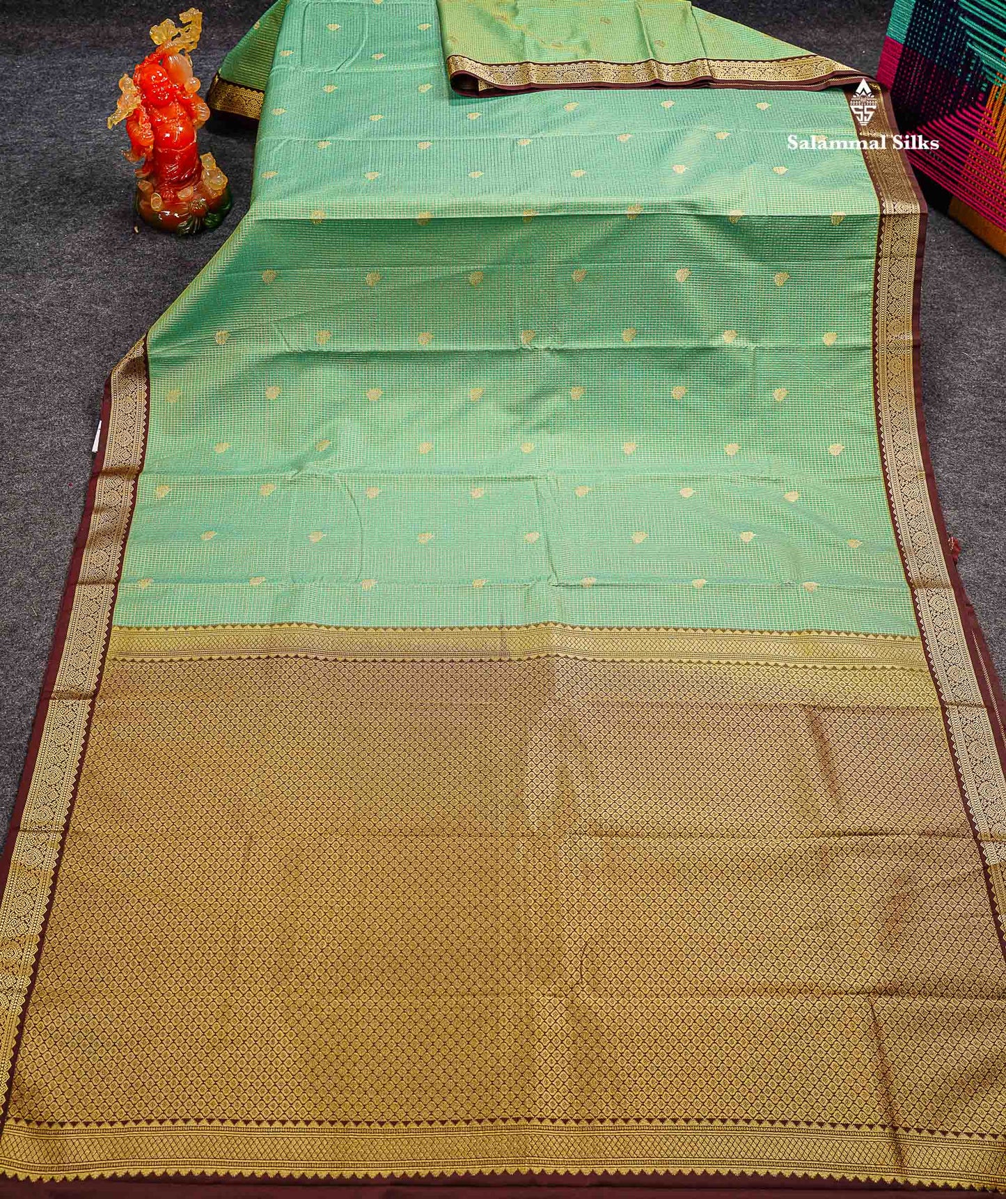 Sapphire Green Tiny Vaira Oosi Checks With Leaf Buttas Semi Silk Saree With Contrast Dark Brown Traditional Small Border