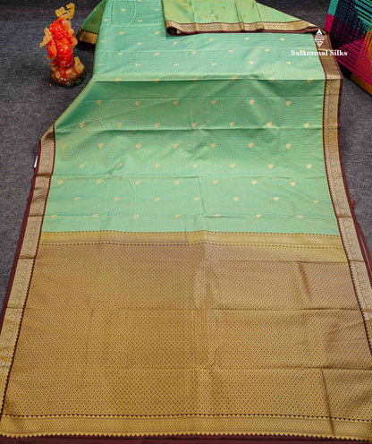 Sapphire Green Tiny Vaira Oosi Checks With Leaf Buttas Semi Silk Saree With Contrast Dark Brown Traditional Small Border