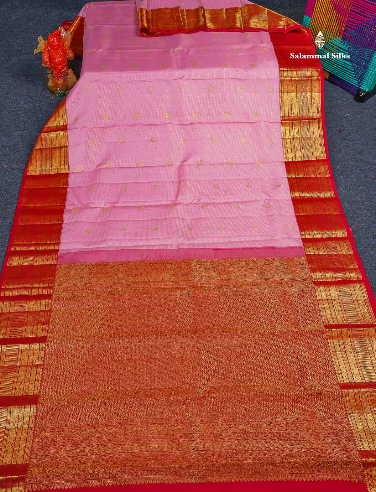 Pure Kanjivaram Silk Saree - Light Pink Colour Body Small Checks With Butta & Contrast Chilly Red Border