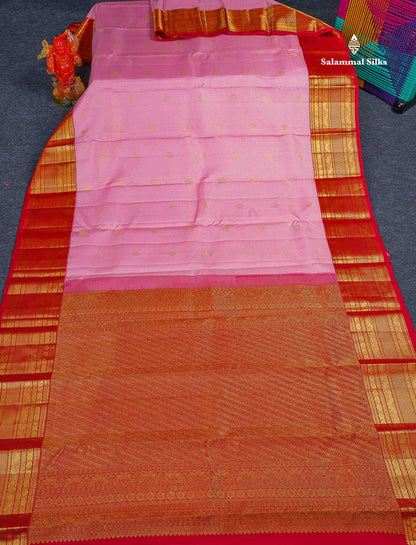 Pure Kanjivaram Silk Saree - Light Pink Colour Body Small Checks With Butta & Contrast Chilly Red Border