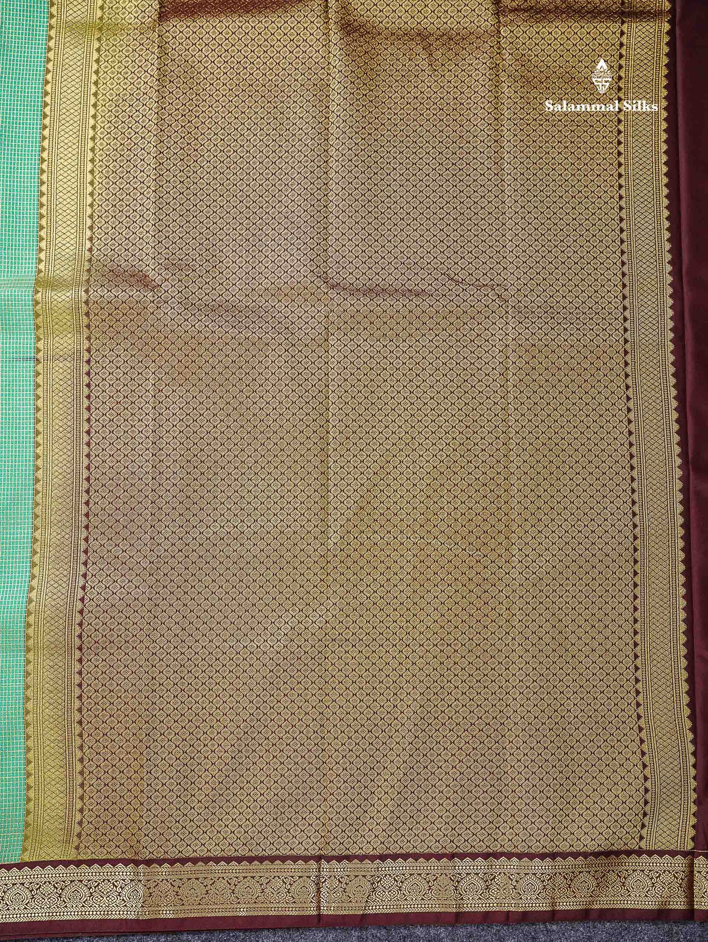 Sapphire Green Tiny Vaira Oosi Checks With Leaf Buttas Semi Silk Saree With Contrast Dark Brown Traditional Small Border