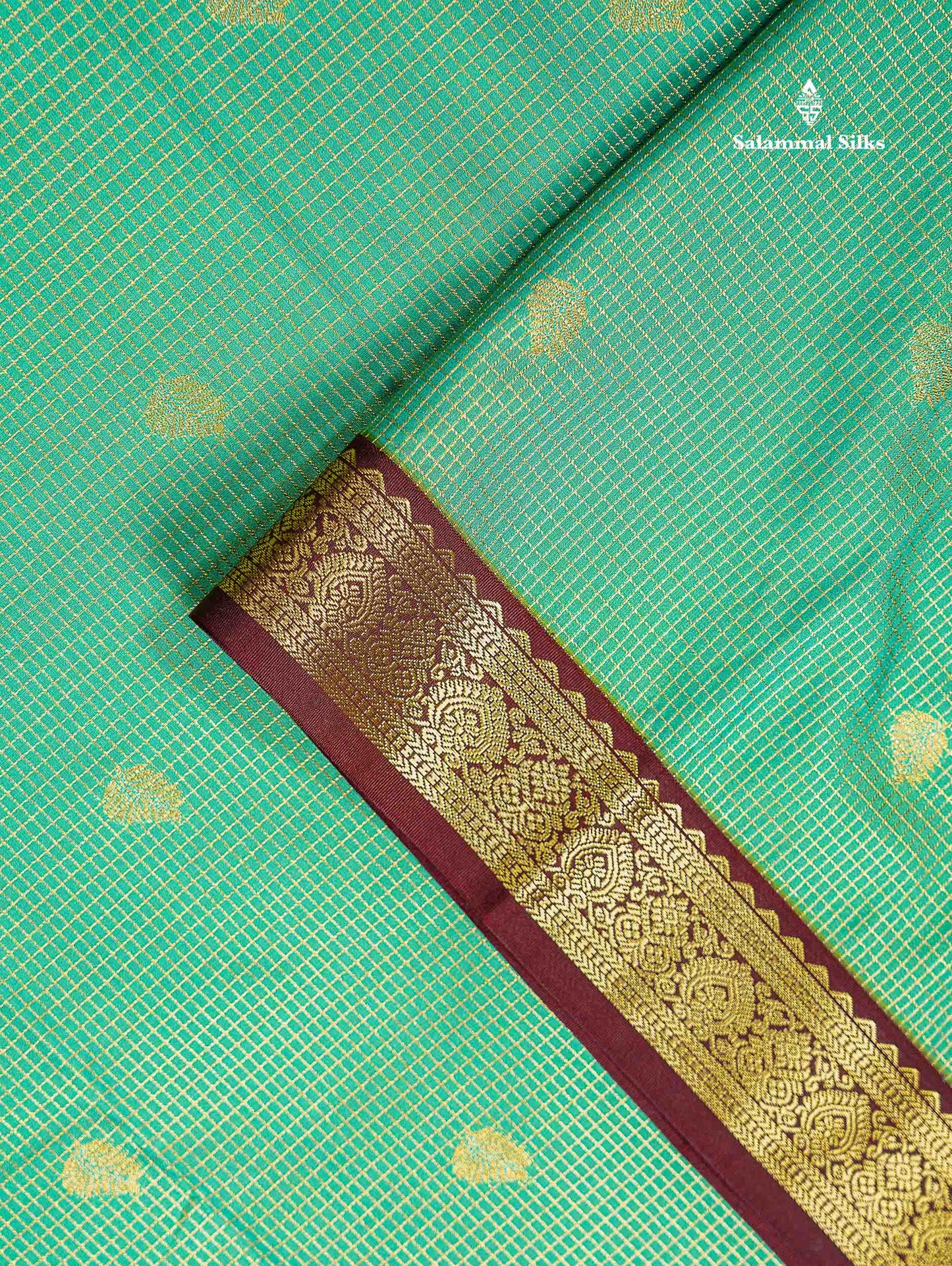 Sapphire Green Tiny Vaira Oosi Checks With Leaf Buttas Semi Silk Saree With Contrast Dark Brown Traditional Small Border