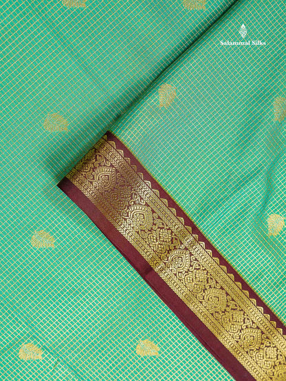 Sapphire Green Tiny Vaira Oosi Checks With Leaf Buttas Semi Silk Saree With Contrast Dark Brown Traditional Small Border