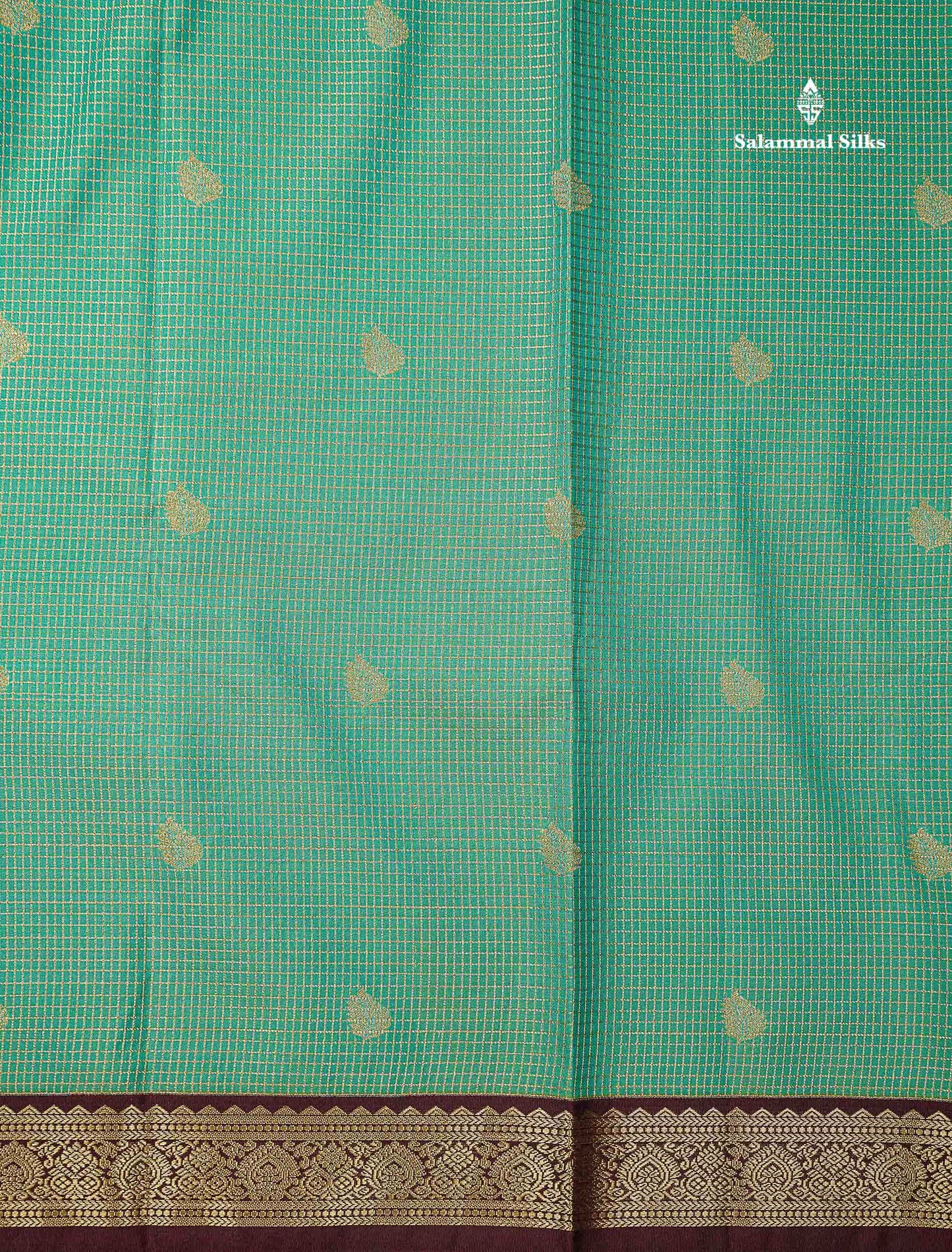 Sapphire Green Tiny Vaira Oosi Checks With Leaf Buttas Semi Silk Saree With Contrast Dark Brown Traditional Small Border
