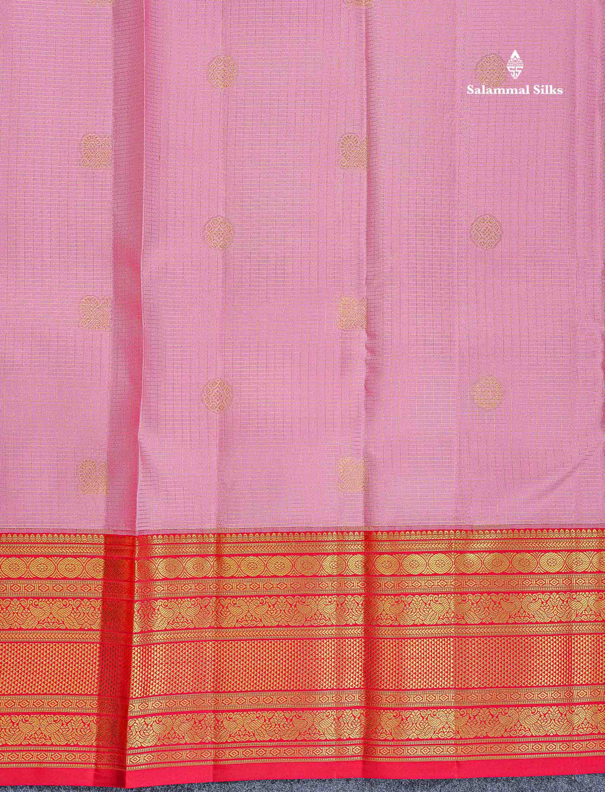 Pure Kanjivaram Silk Saree - Light Pink Colour Body Small Checks With Butta & Contrast Chilly Red Border