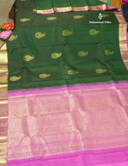Bottle Green Pure Kanjivaram Silk Saree with Contrast Vadamalli Traditional  Border