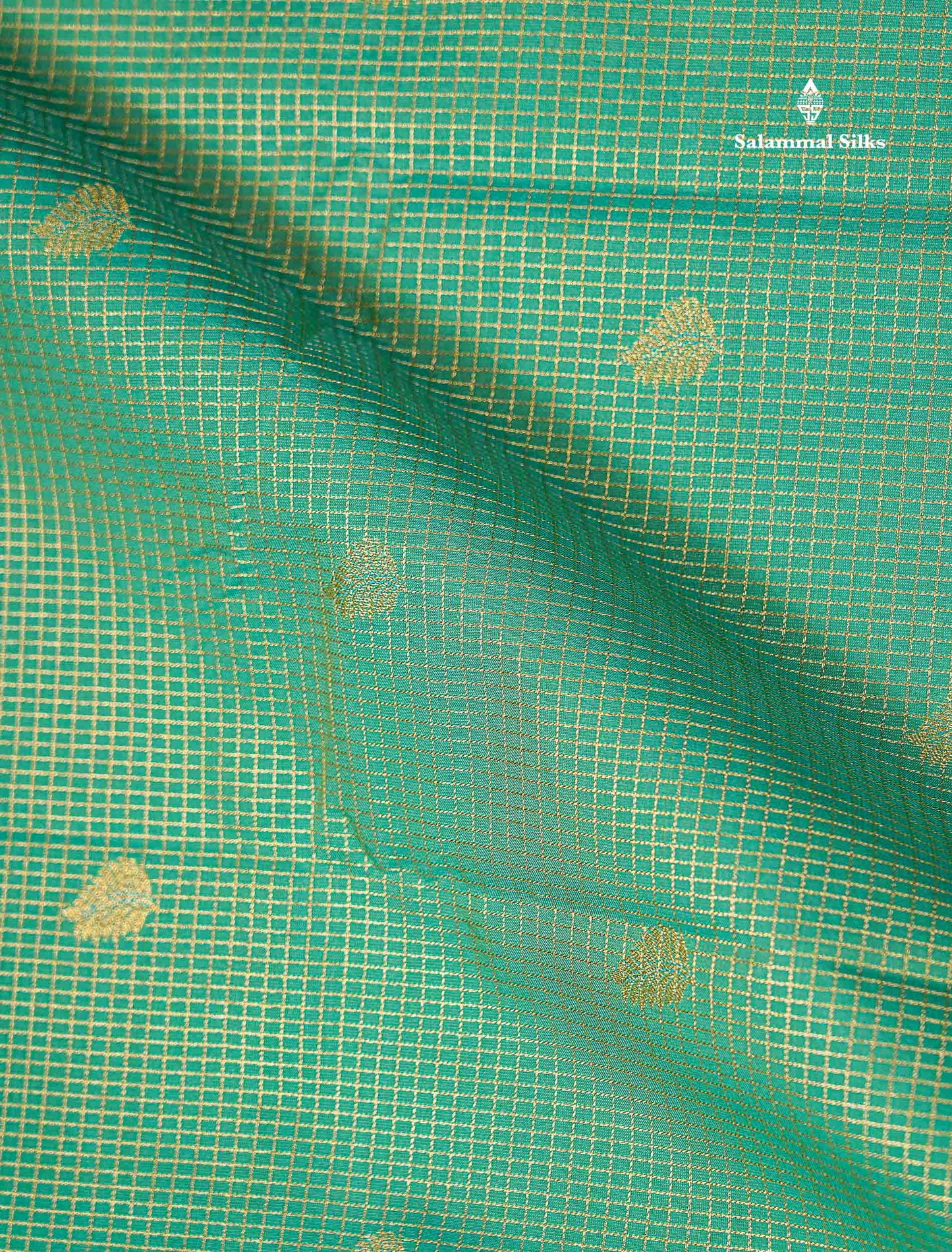 Sapphire Green Tiny Vaira Oosi Checks With Leaf Buttas Semi Silk Saree With Contrast Dark Brown Traditional Small Border