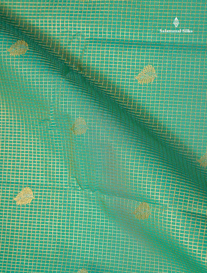 Sapphire Green Tiny Vaira Oosi Checks With Leaf Buttas Semi Silk Saree With Contrast Dark Brown Traditional Small Border