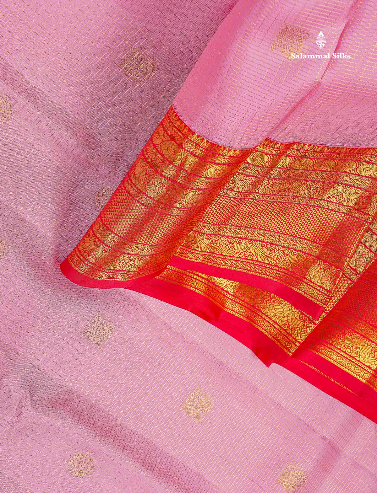 Pure Kanjivaram Silk Saree - Light Pink Colour Body Small Checks With Butta & Contrast Chilly Red Border