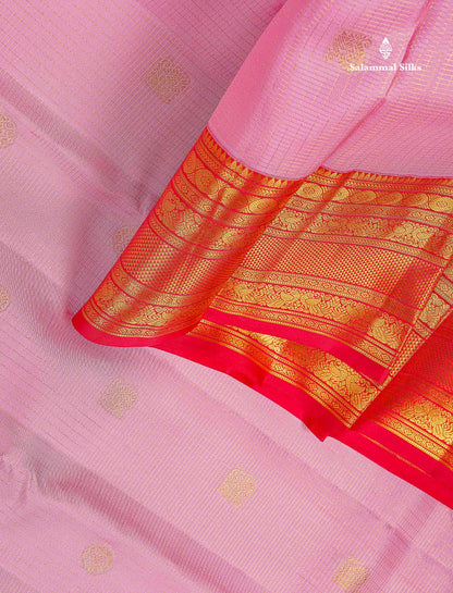 Pure Kanjivaram Silk Saree - Light Pink Colour Body Small Checks With Butta & Contrast Chilly Red Border