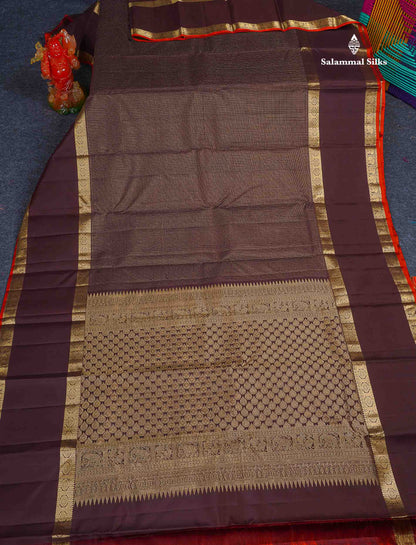 Pure Kanjivaram Silk Saree - Dark Brown Colour Body With Vaira Oosi Checks & Traditional Long Gap Border