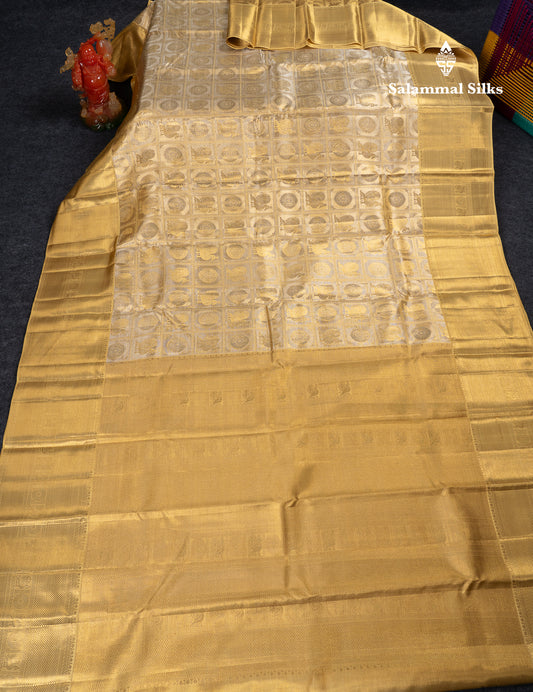 Korvai Beautiful Gold Tissue Checks With Butta Bridal 2G Pure Kanjivaram Silk Saree With Contrast Sandal Traditional Border