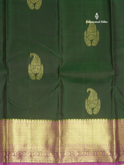 Bottle Green Pure Kanjivaram Silk Saree with Contrast Vadamalli Traditional  Border