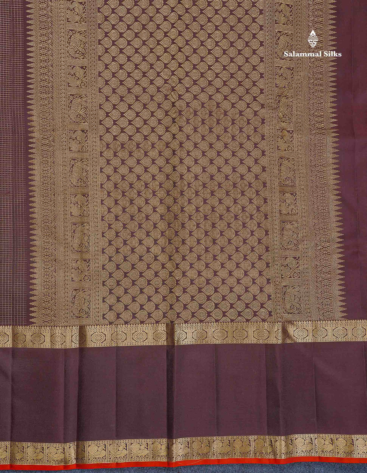 Pure Kanjivaram Silk Saree - Dark Brown Colour Body With Vaira Oosi Checks & Traditional Long Gap Border