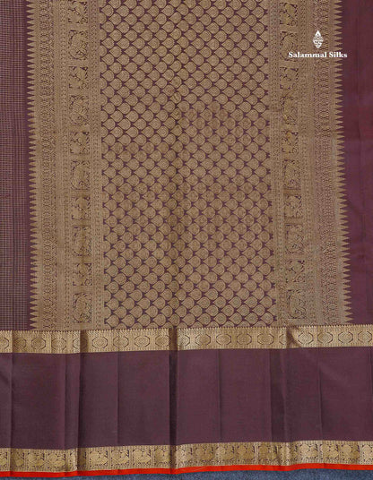 Pure Kanjivaram Silk Saree - Dark Brown Colour Body With Vaira Oosi Checks & Traditional Long Gap Border
