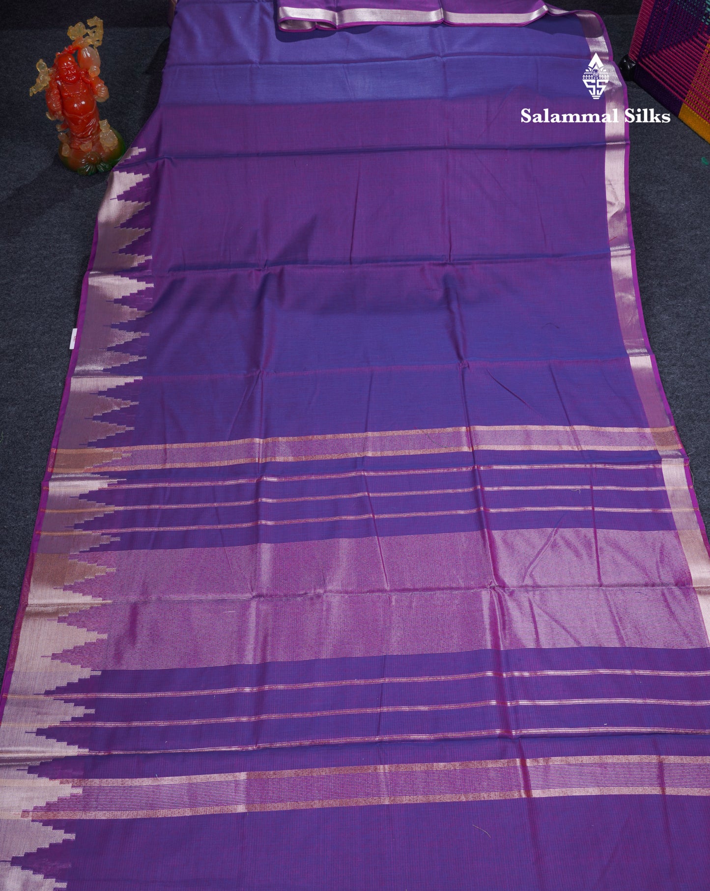 Violet Beautiful Horizontal Lines Cotton Mix Fancy Saree With Silver Zari Temple Border