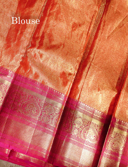 Beautiful Gold Checks Tissue Bridal Pure Mix Silk Saree With Contrast Pink Traditional Evening Morning Border