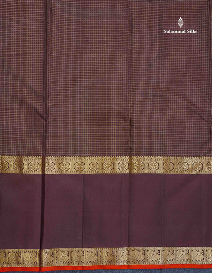 Pure Kanjivaram Silk Saree - Dark Brown Colour Body With Vaira Oosi Checks & Traditional Long Gap Border