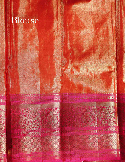 Beautiful Gold Checks Tissue Bridal Pure Mix Silk Saree With Contrast Pink Traditional Evening Morning Border