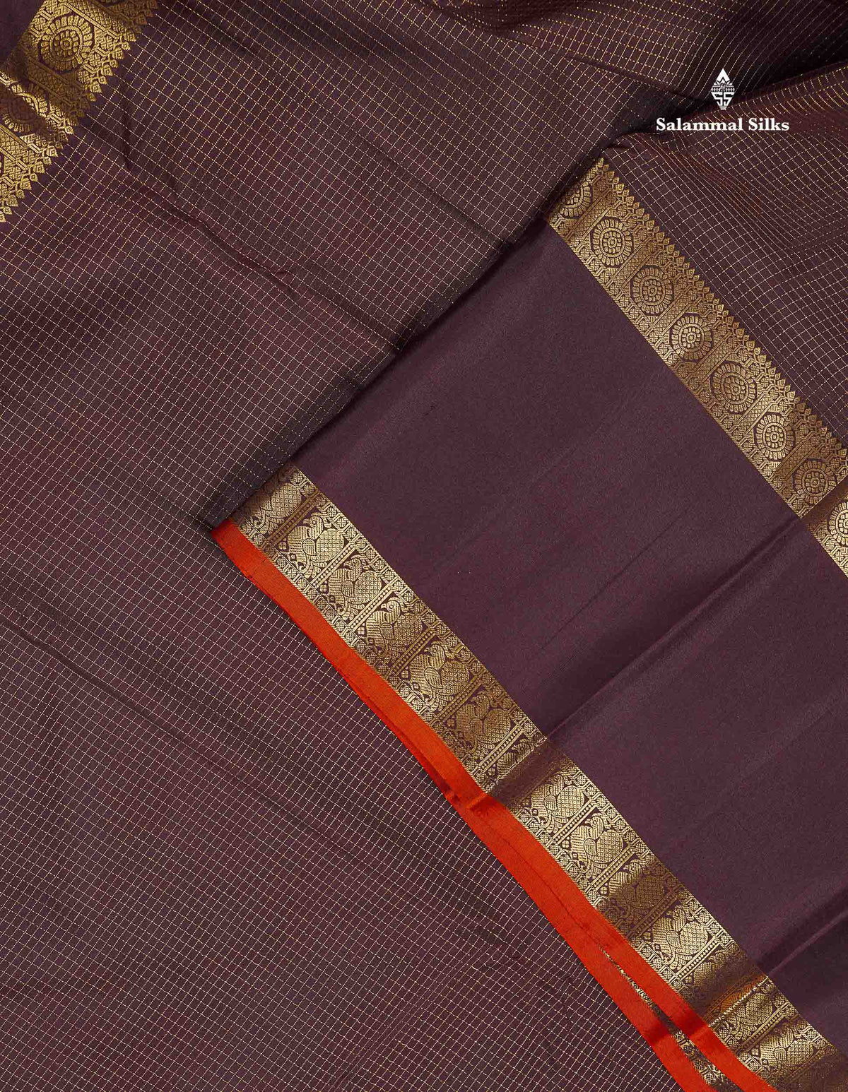 Pure Kanjivaram Silk Saree - Dark Brown Colour Body With Vaira Oosi Checks & Traditional Long Gap Border