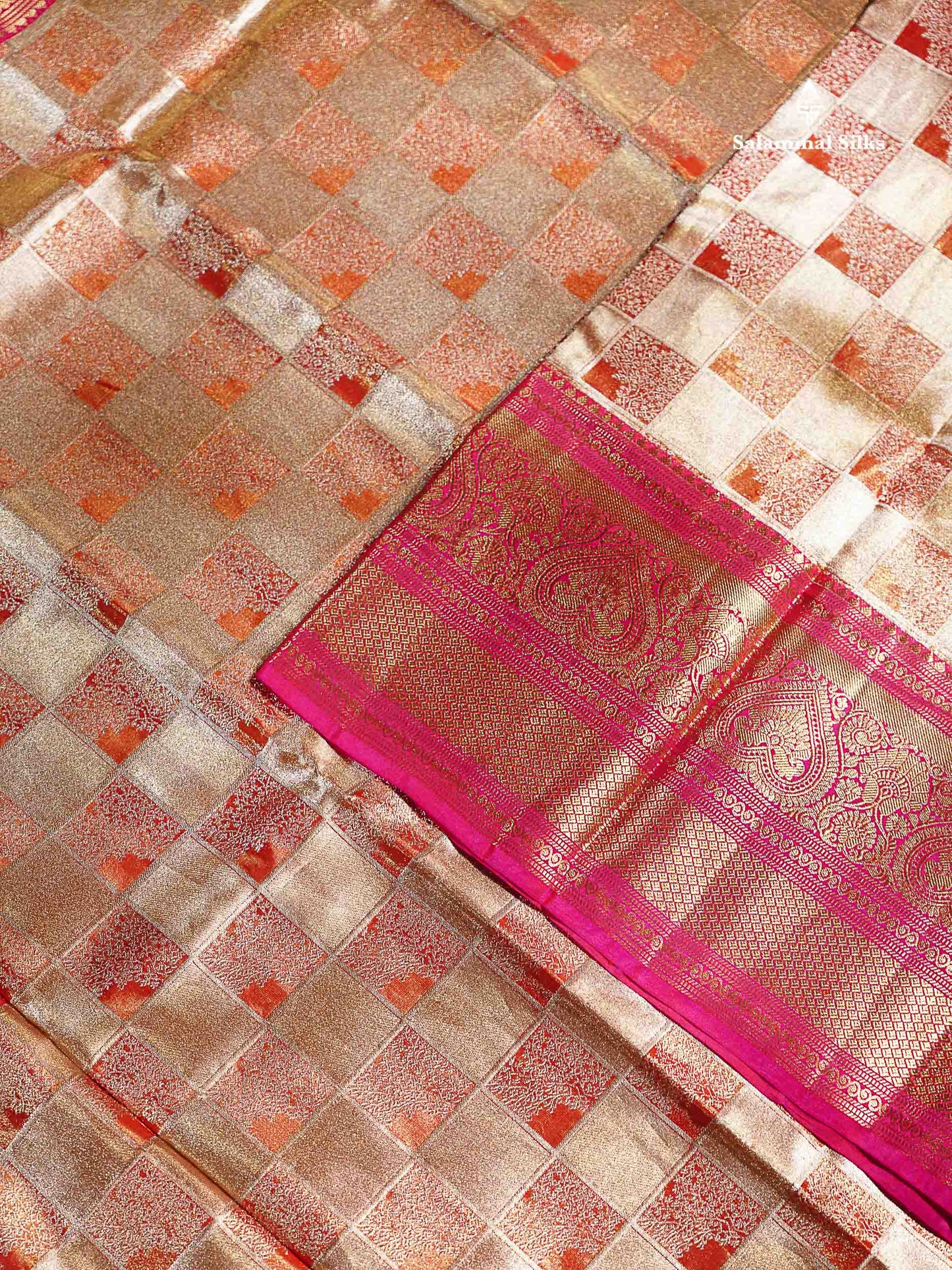 Beautiful Gold Checks Tissue Bridal Pure Mix Silk Saree With Contrast Pink Traditional Evening Morning Border