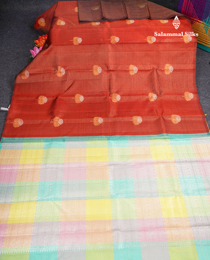 Maroon Vairaoosi Tiny Zari Checks Pure Kanjivaram Silk Saree With Fancy Contrast Multicolour Paalum Pazham Checks Pallu & Blouse