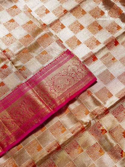 Beautiful Gold Checks Tissue Bridal Pure Mix Silk Saree With Contrast Pink Traditional Evening Morning Border