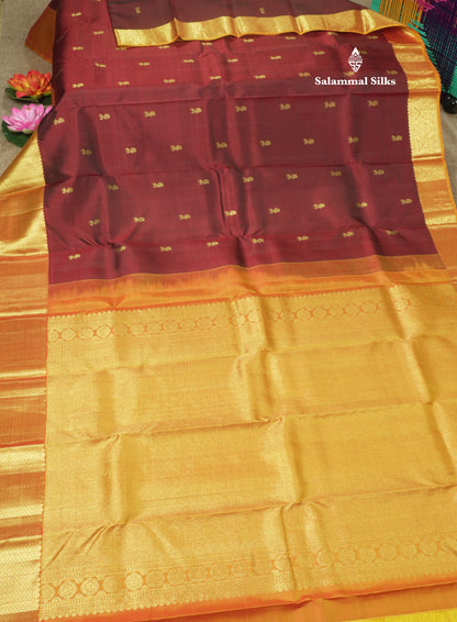 Dark Maroon Pure Kanjivaram Silk Saree with Contrast Traditional Mustard Yellow Border