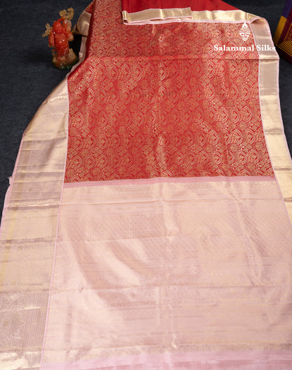 Beautiful Redish Maroon Bridal Pure Kanjivaram Silk Saree With Contrast Baby Pink Traditional Evening Morning Border