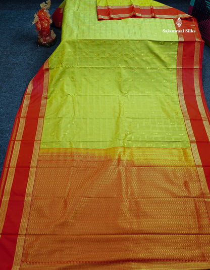 Semi Silk Saree - Parrot Green Butta With Checks Along With Contrast Red Traditional Gap Border