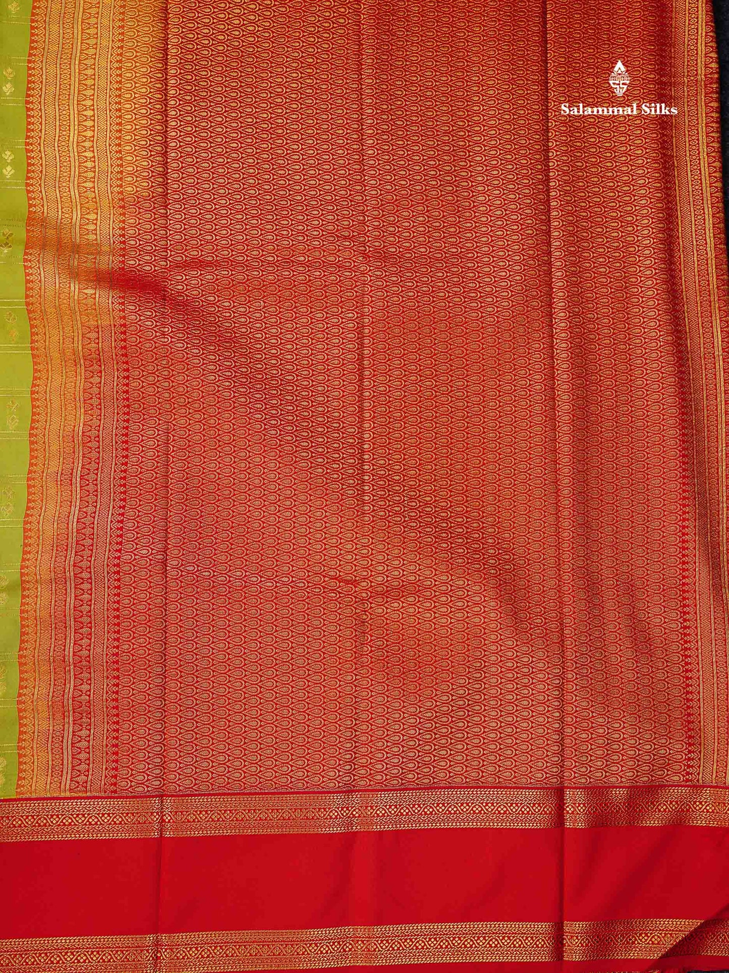 Semi Silk Saree - Parrot Green Butta With Checks Along With Contrast Red Traditional Gap Border