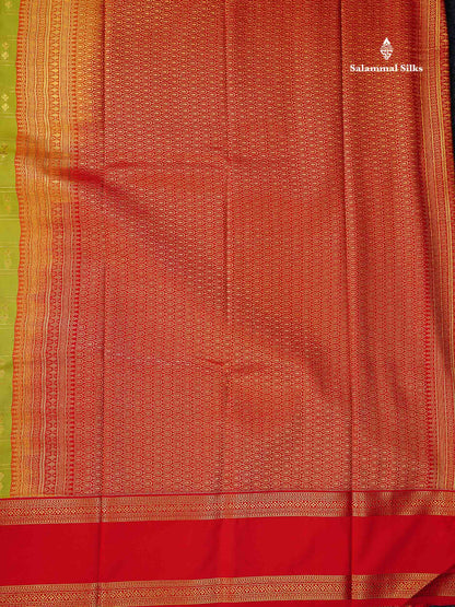 Semi Silk Saree - Parrot Green Butta With Checks Along With Contrast Red Traditional Gap Border