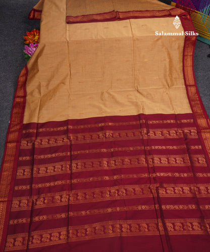 Light Brown Kalyani Cotton Saree With Contrast Dark Maroon Border