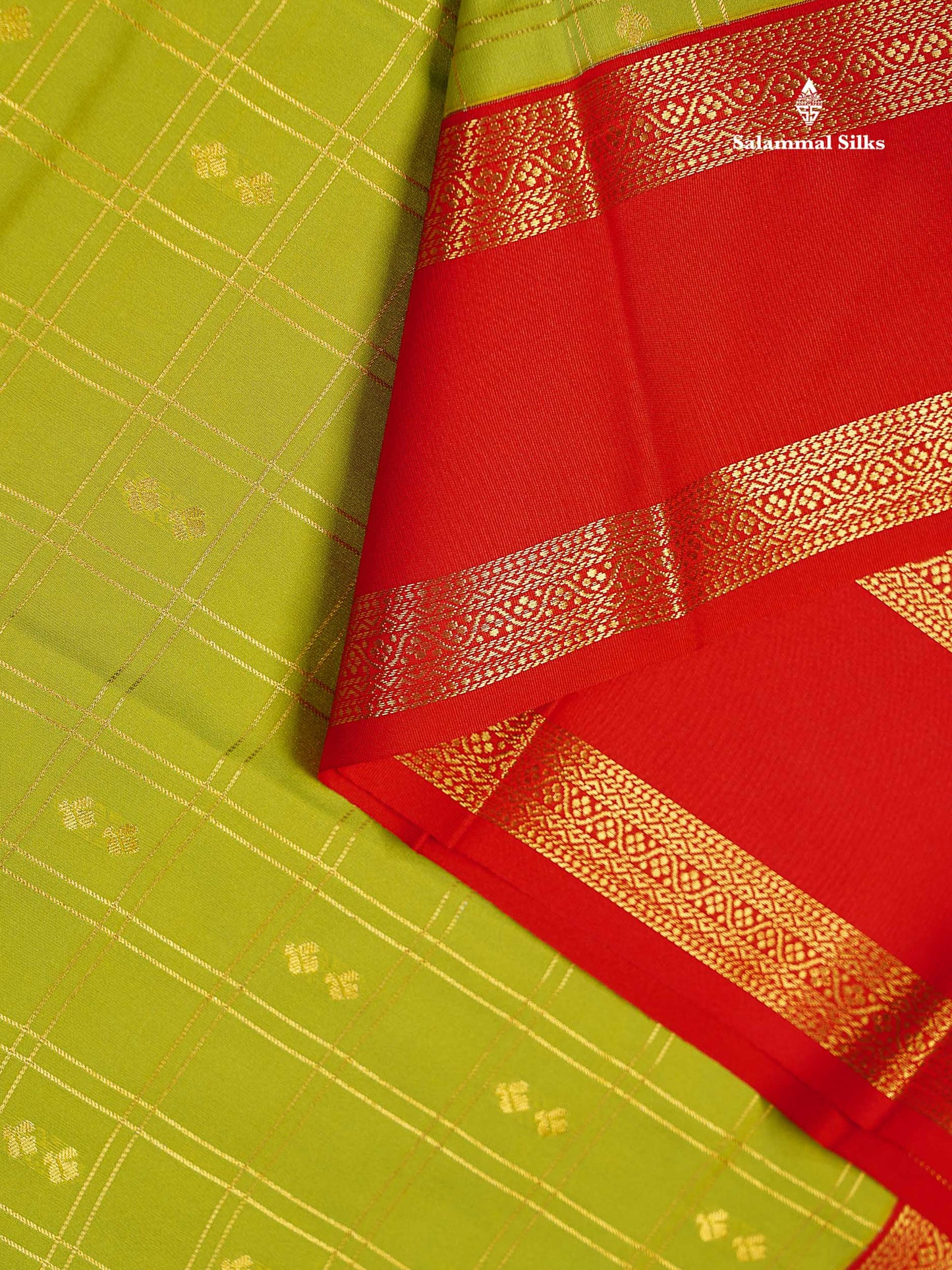 Semi Silk Saree - Parrot Green Butta With Checks Along With Contrast Red Traditional Gap Border