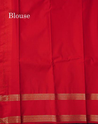 Semi Silk Saree - Parrot Green Butta With Checks Along With Contrast Red Traditional Gap Border