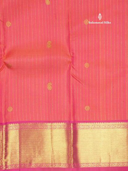 Pinkish Orange Pure Kanjivaram Silk Saree with Contrast Pink Border