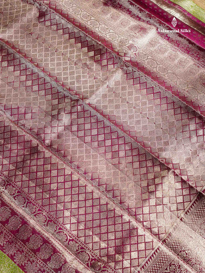 Beautiful Light Green Tissue Bridal Pure Kanjivaram Silk Saree With Contrast Light Chocolate Traditional Evening Morning Border