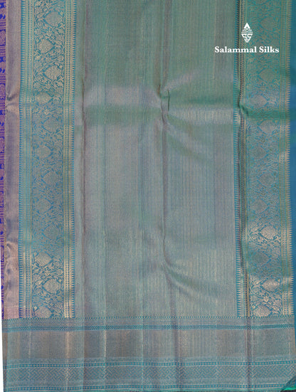 Beautiful Violet Checks Pure Kanjivaram 2G Zari Silk Saree With Contrast Sapphire Green Border