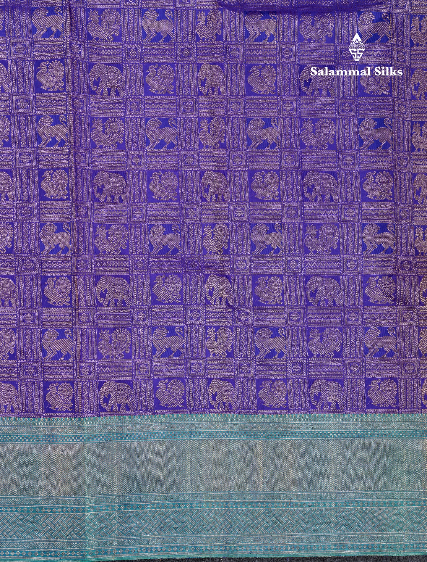 Beautiful Violet Checks Pure Kanjivaram 2G Zari Silk Saree With Contrast Sapphire Green Border