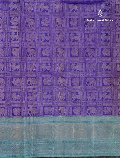 Beautiful Violet Checks Pure Kanjivaram 2G Zari Silk Saree With Contrast Sapphire Green Border