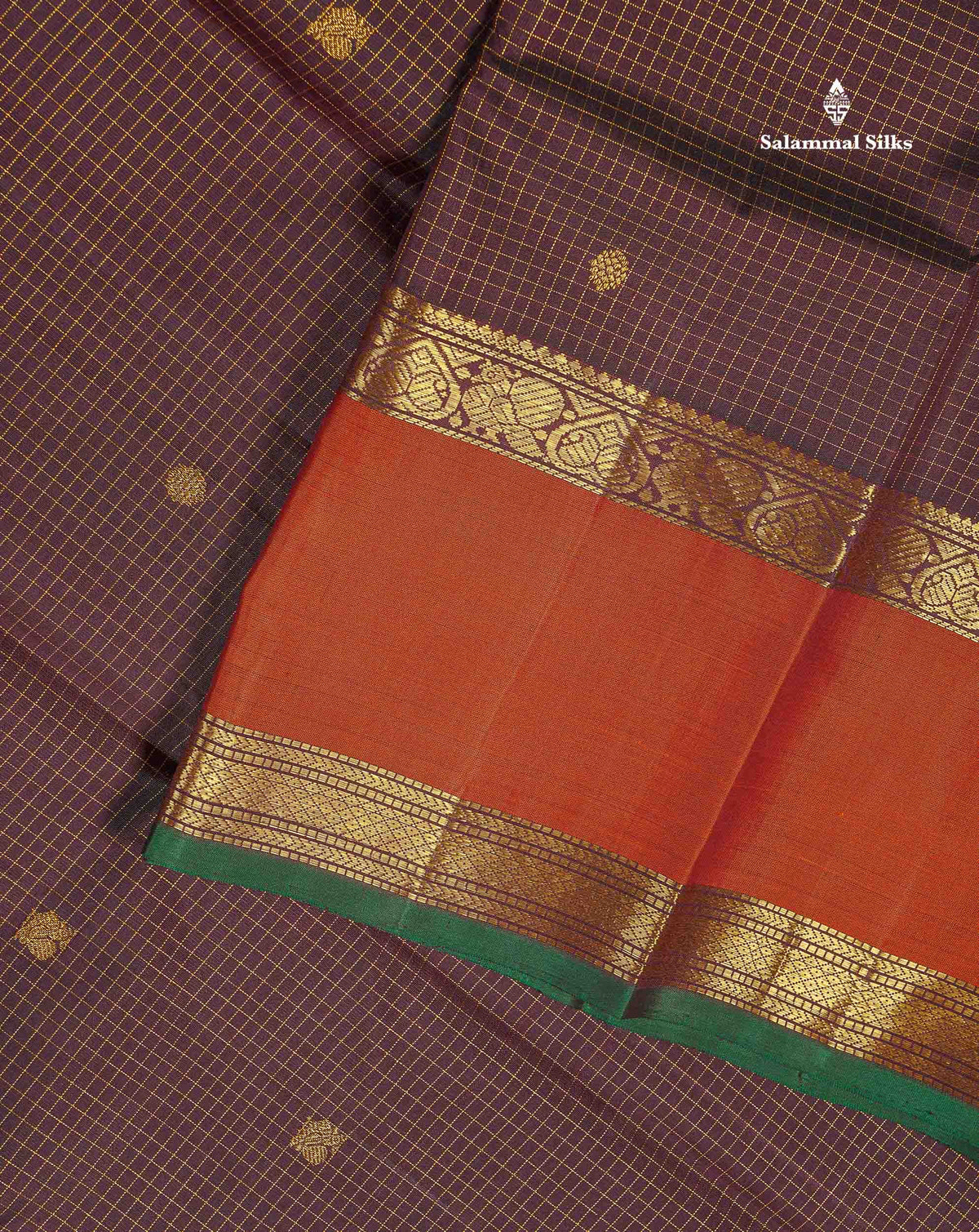 Pure Kanjivaram Silk Saree - Dark Brown Colour Body Checks With Butta & Rust Orange Gap Border