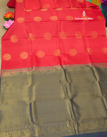 Beautiful Chilly Red Pure Kanjivaram Silk Saree With Contrast Dark Navy Blue Blouse