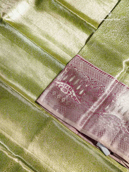 Beautiful Light Green Tissue Bridal Pure Kanjivaram Silk Saree With Contrast Light Chocolate Traditional Evening Morning Border