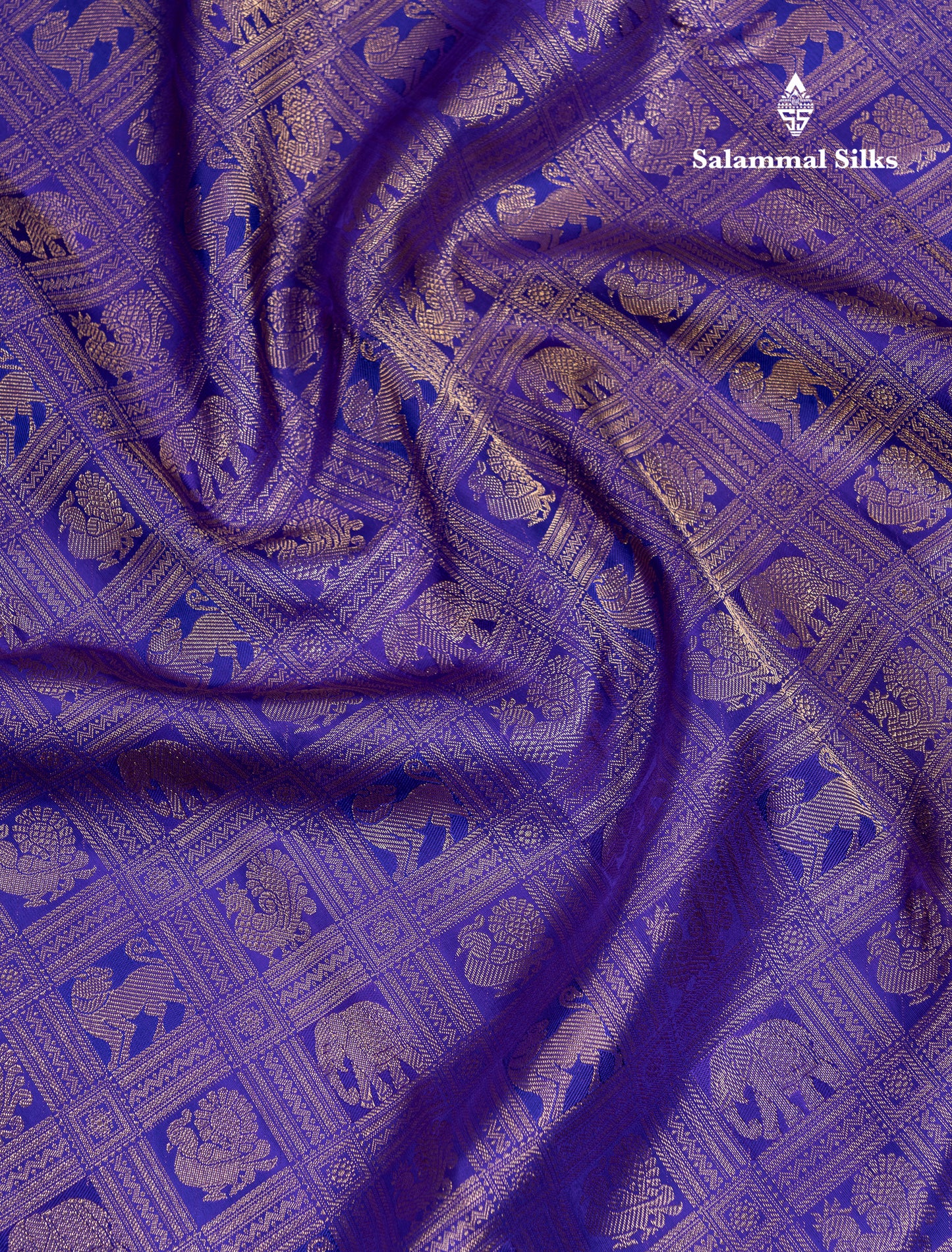 Beautiful Violet Checks Pure Kanjivaram 2G Zari Silk Saree With Contrast Sapphire Green Border